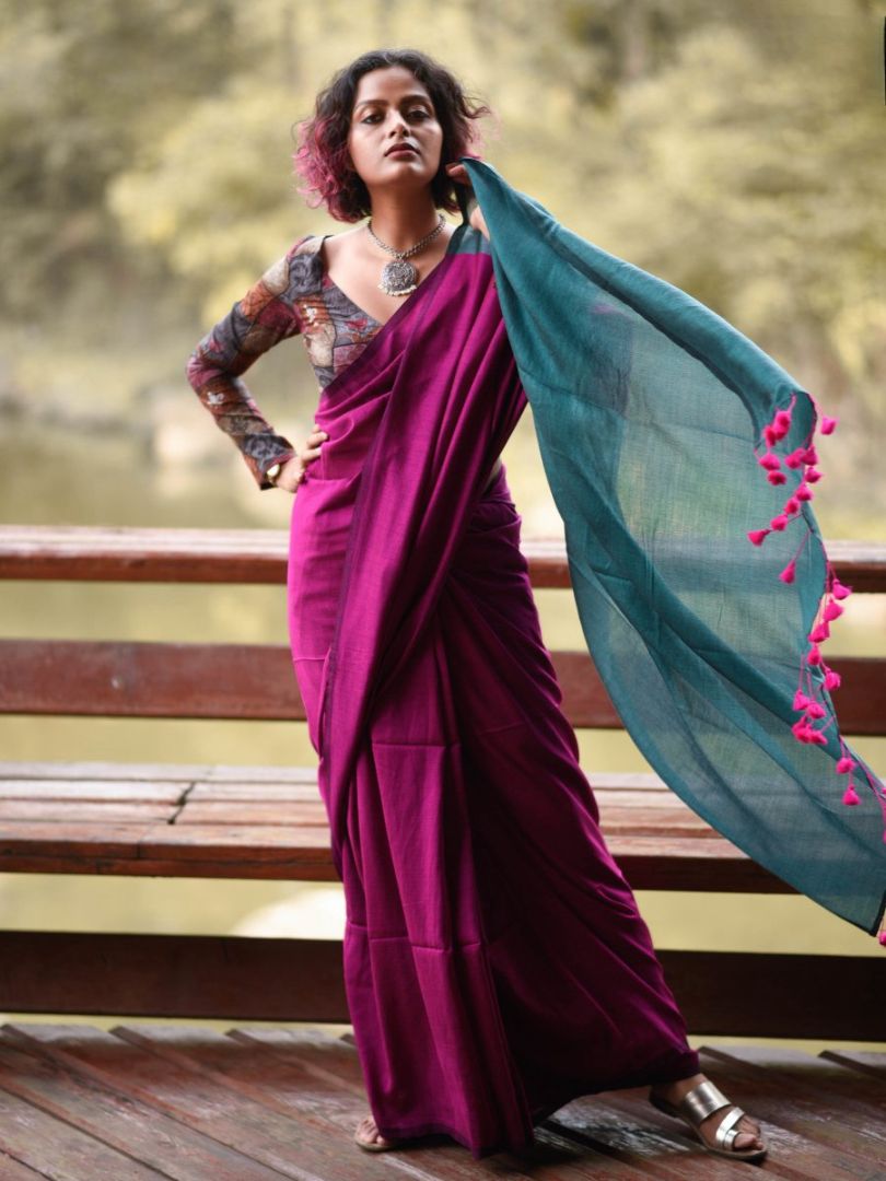 Mal Cotton Saree with Contrast Blouse & Pallu | Beautiful Latkans | Premium Quality