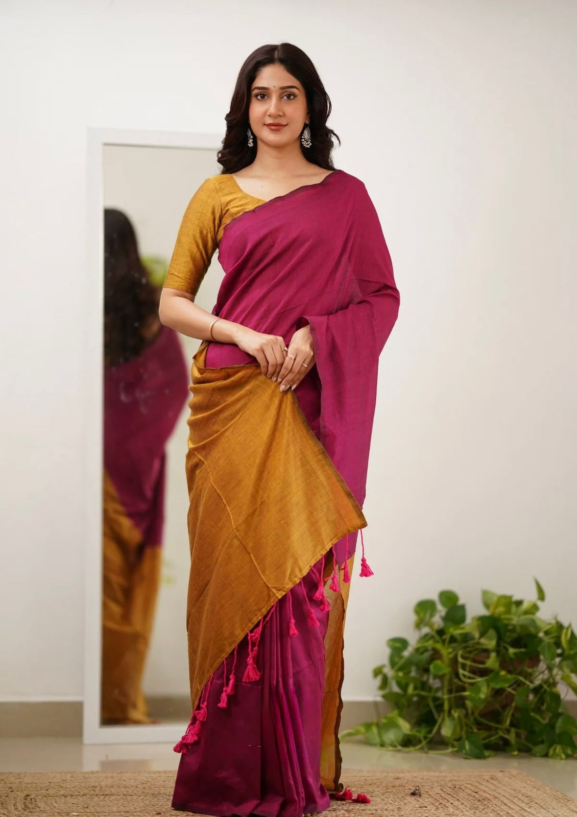Mal Cotton Saree with Contrast Blouse & Pallu | Beautiful Latkans | Premium Quality