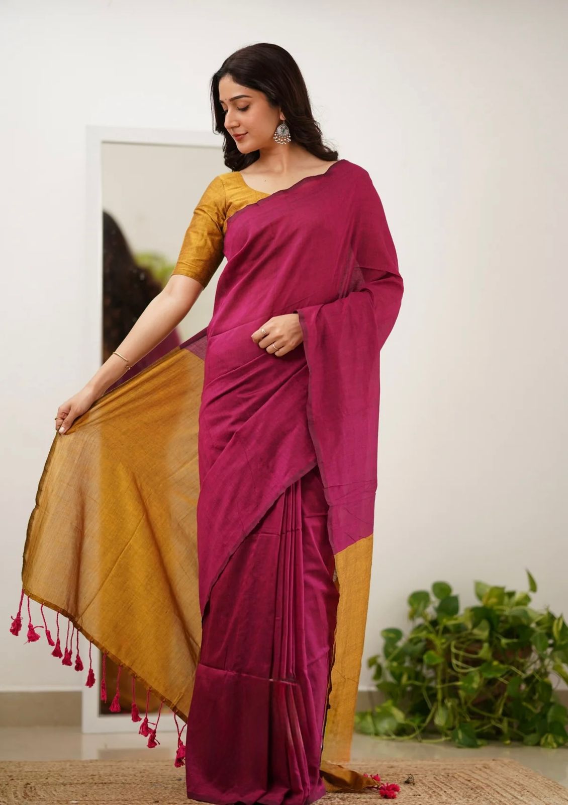 Mal Cotton Saree with Contrast Blouse & Pallu | Beautiful Latkans | Premium Quality
