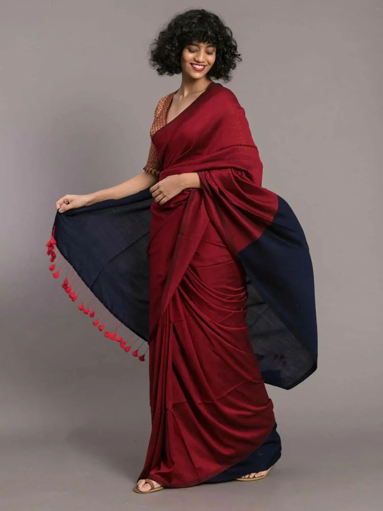 Mal Cotton Saree with Contrast Blouse & Pallu | Beautiful Latkans | Premium Quality
