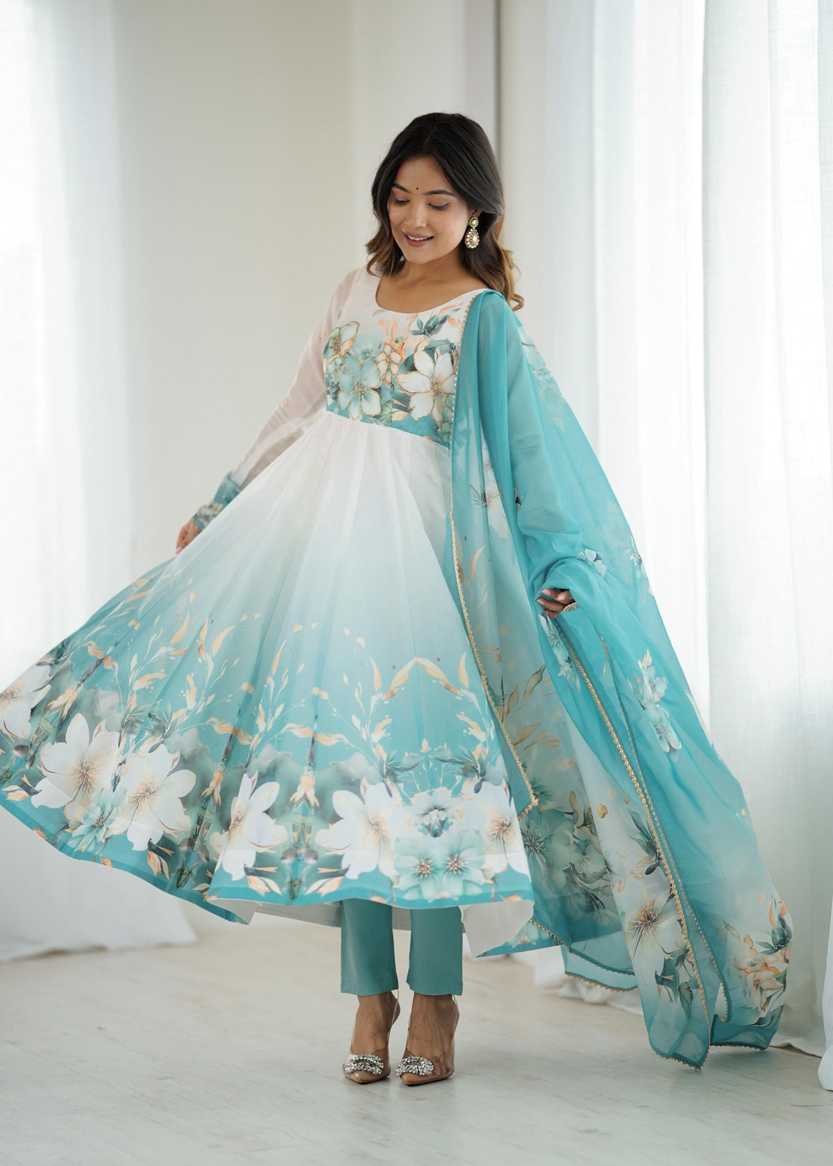 Premium Organza Silk Anarkali with Dupatta & Pant
