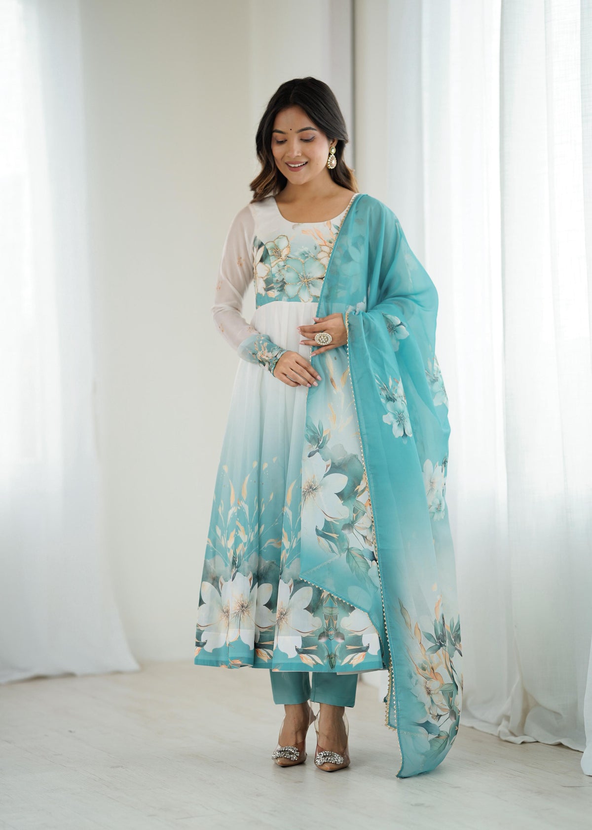 Premium Organza Silk Anarkali with Dupatta & Pant