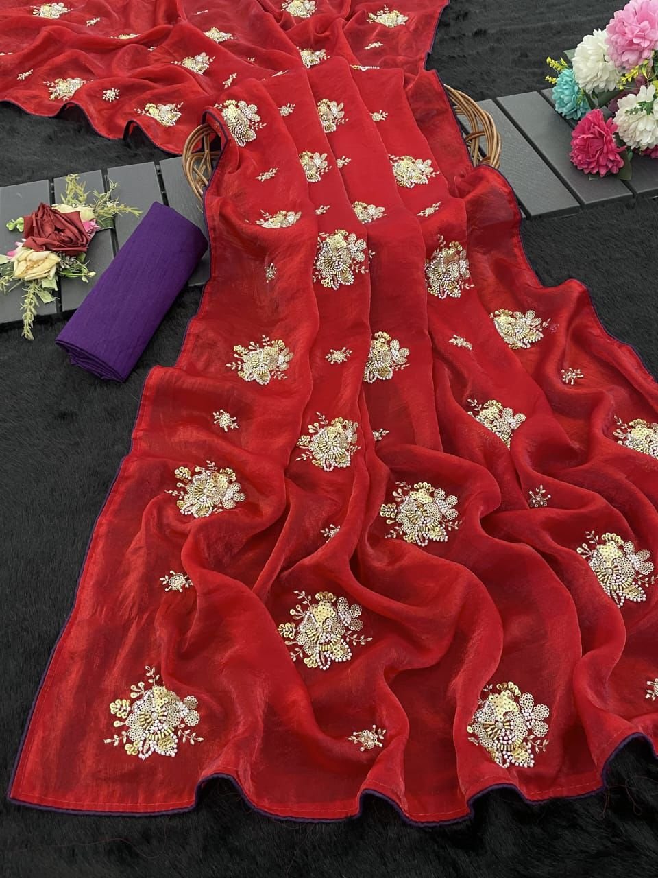 BOXER Jimmy Choo Saree with All-Over Beads & Sequins Butta | Contrast Piping Border & Diamond Satin Blouse | Designer Party Wear image 3