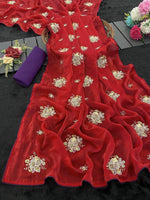 BOXER Jimmy Choo Saree with All-Over Beads & Sequins Butta | Contrast Piping Border & Diamond Satin Blouse | Designer Party Wear image 3
