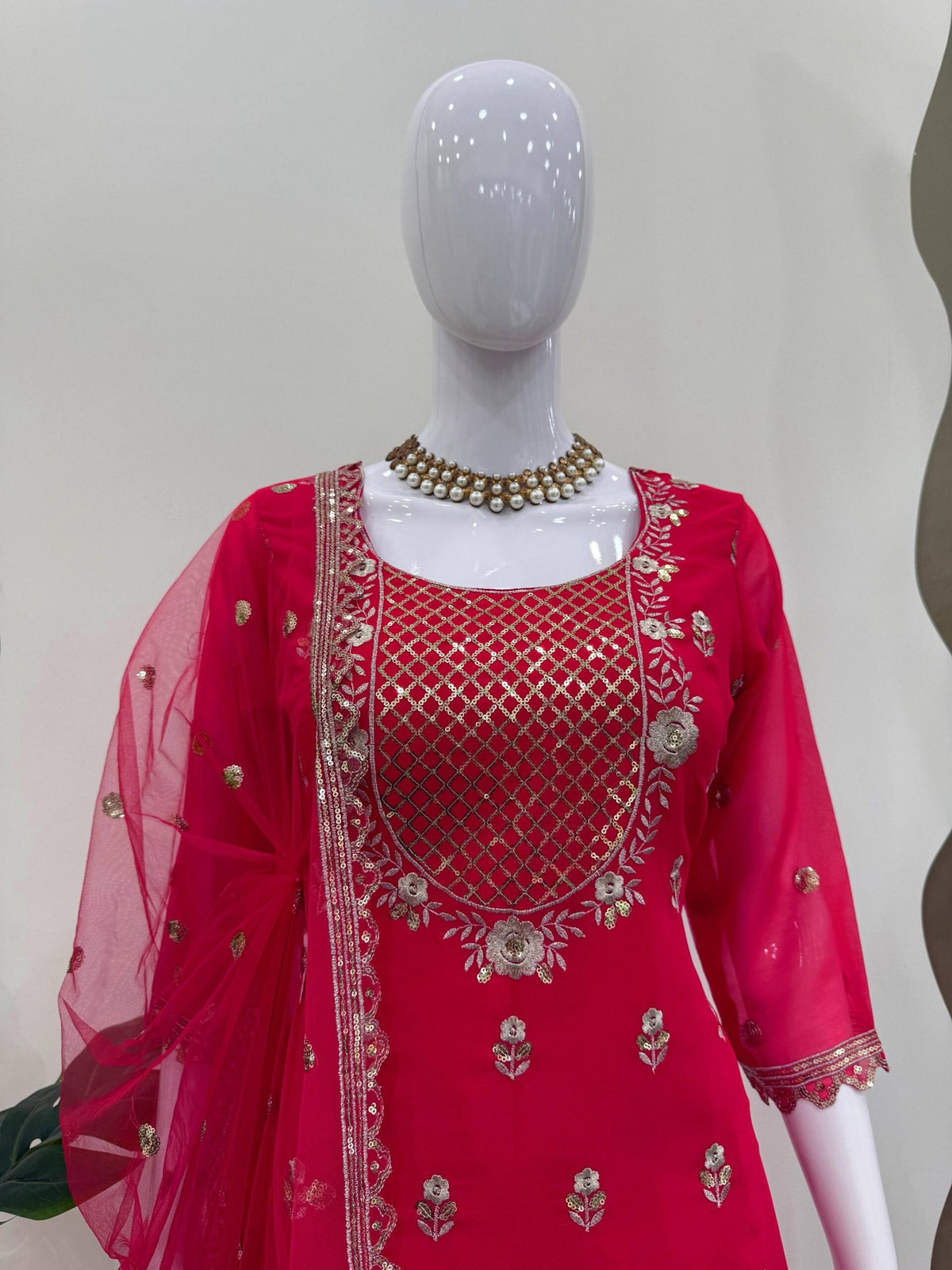 Elegant 3-Piece Foux Gorgette Sharara Set – Sequins Embellished Top, Sharara & Dupatta image 5