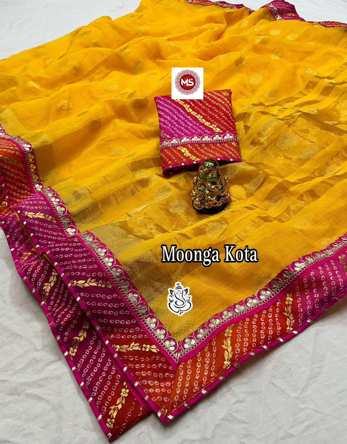 Traditional Moonga Kota Cotton Silk Saree with Bandhej & Coding Sequence Work image 2