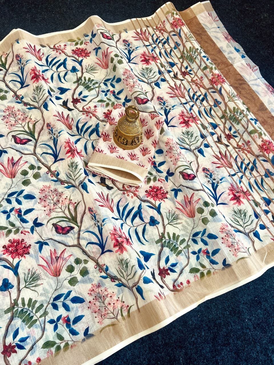 Linen Saree with Elegant Zari Border & Vibrant Digital Print | With Blouse image 1