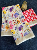 Linen Saree with Gold Jari Border & Digital Print | With Blouse image 0