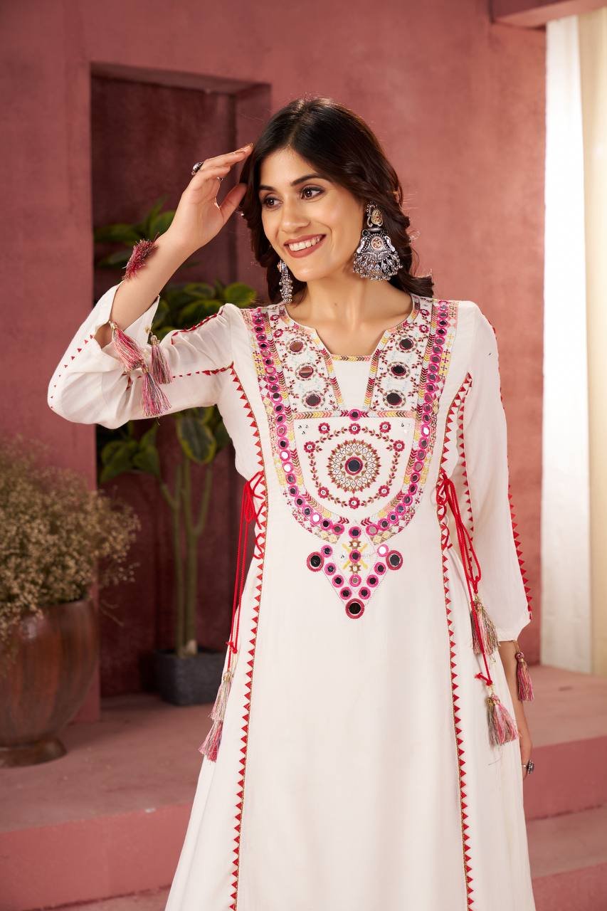 Elegant Reyon Kurti with Palazzo – Thread & Raal Mirror Work with Tassels image 3