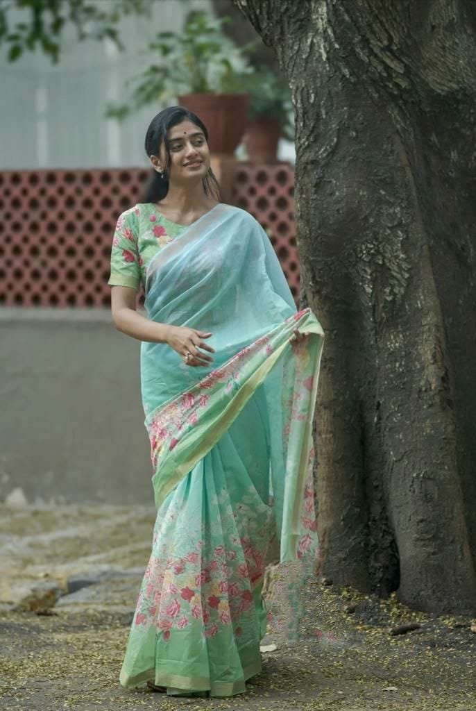 Elegant Linen Saree with Gold Jari Patta & All-Over Digital Print | With Matching Blouse - Mint Aqua Green image