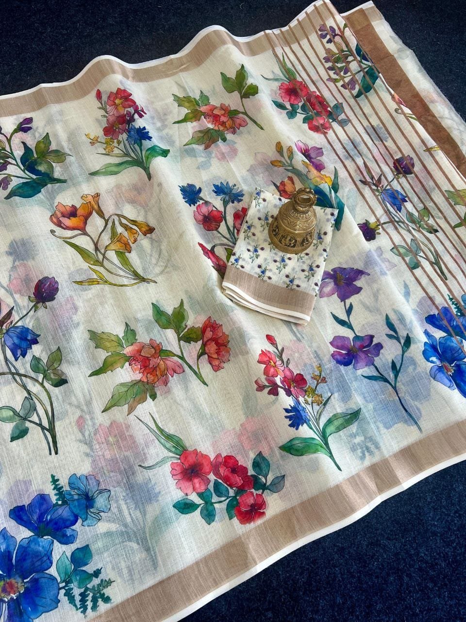 Soft Linen Saree with Gold Zari Detailing & Artistic Floral Digital Print | With Blouse image 1