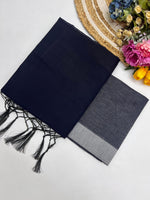 Pure Cotton Linen Saree with Silver Jari Weaving - Dark Blue image