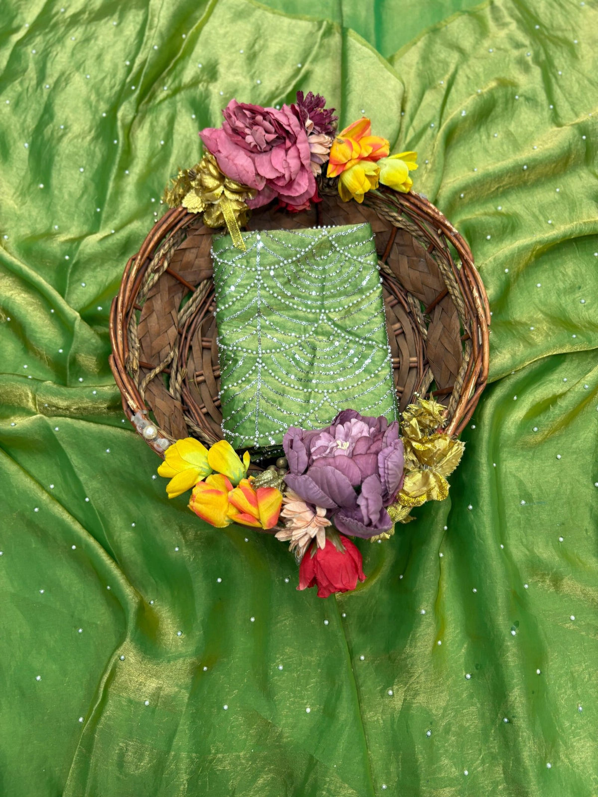 Elegant Space Silk Saree with Moti Work & Full Heavy Bits Work Blouse image 8