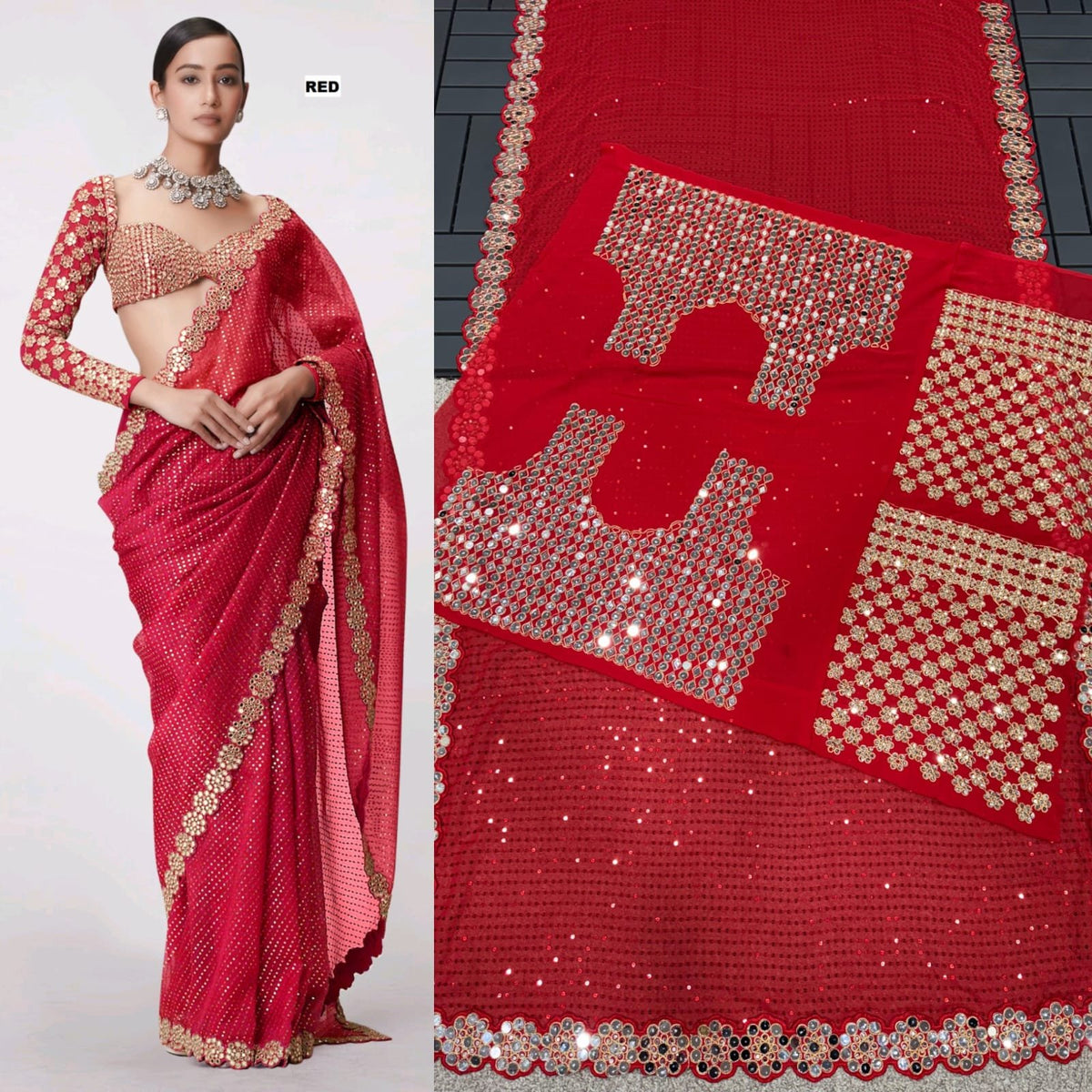 Bollywood Blockbuster Mirror Work Sequin Saree in Faux Georgette image 2