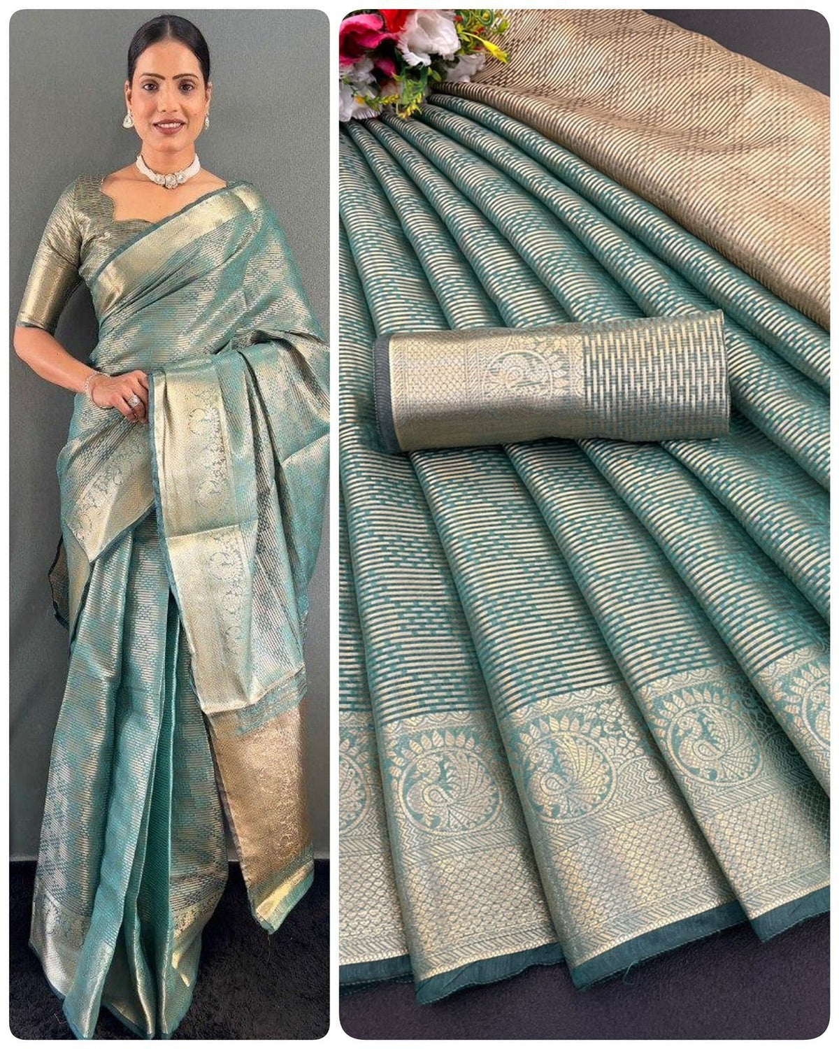 Copper Gold Tissue Silk Saree with Kanchi Border | Bollywood Style Look image 2