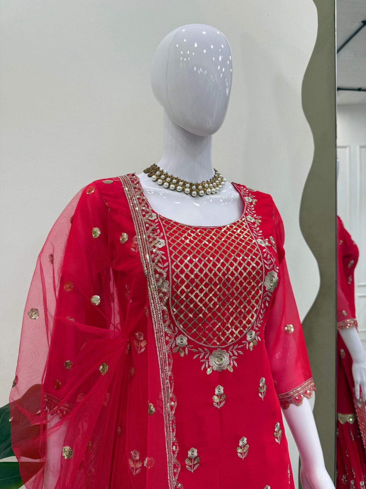 Elegant 3-Piece Foux Gorgette Sharara Set – Sequins Embellished Top, Sharara & Dupatta image 3