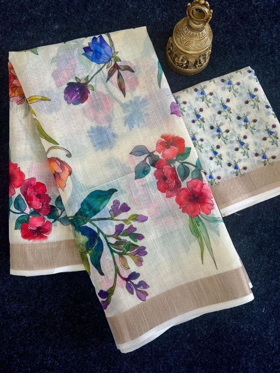 Soft Linen Saree with Gold Zari Detailing & Artistic Floral Digital Print | With Blouse image 0