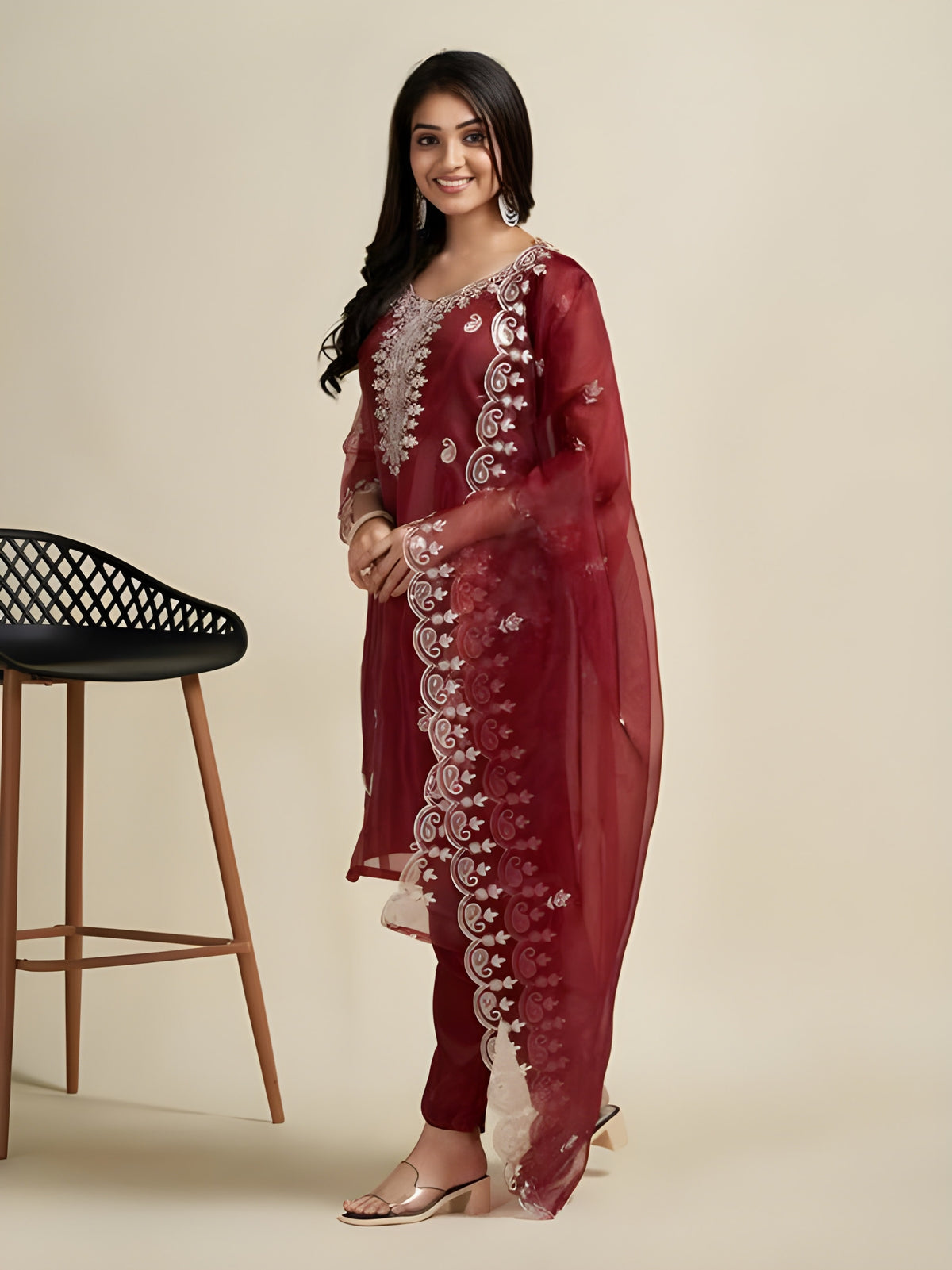 Bit-Butta Embroidery Lace Border Kurti with Pant & Dupatta Set | Organza Fabric | Festive Collection