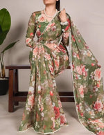 Floral Weightless Marbal Saree with Pearl Lace Border - Olive Green image