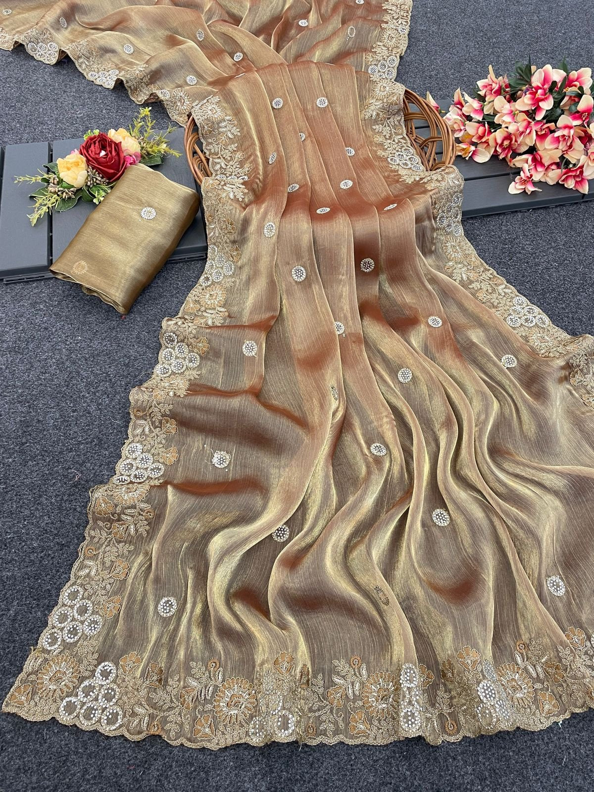 Lotus-13 Jimmy Choo Saree with All-Over Coding Embroidery & Jarkan Diamond Work | Matching Embroidered Blouse | Designer Party Wear image 3