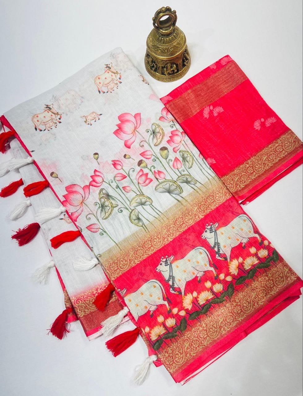 Elegant Gold Linen Saree with 3 Weaving Patta & Digital Print | Latkan Detail | With Blouse image 1