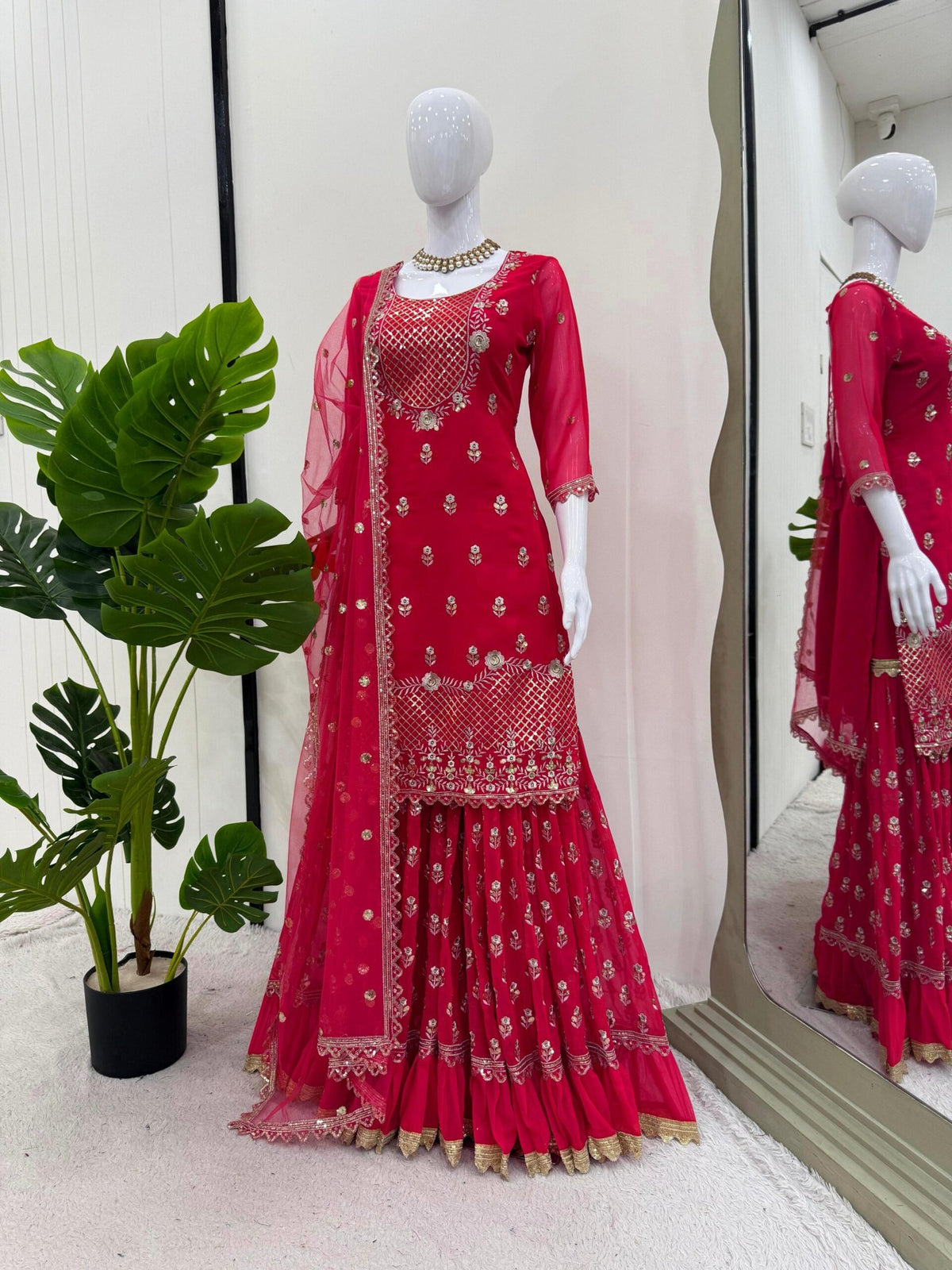 Elegant 3-Piece Foux Gorgette Sharara Set – Sequins Embellished Top, Sharara & Dupatta image 7
