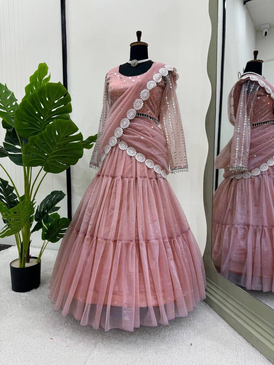 Ready-to-Wear Twill Organza Lehenga Saree with Ruffle Draping & Thread Work image 5