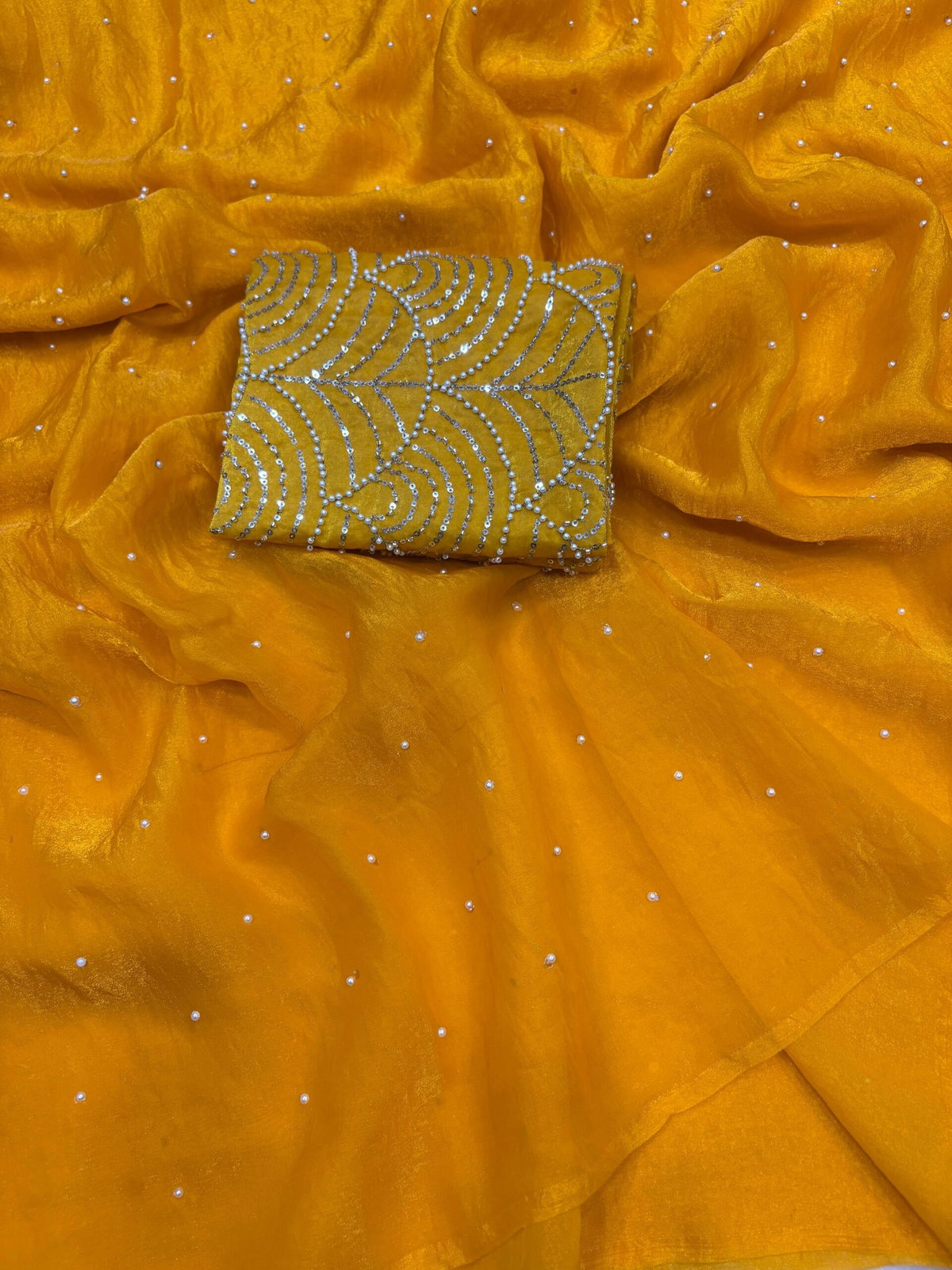 Elegant Space Silk Saree with Moti Work & Full Heavy Bits Work Blouse image 10