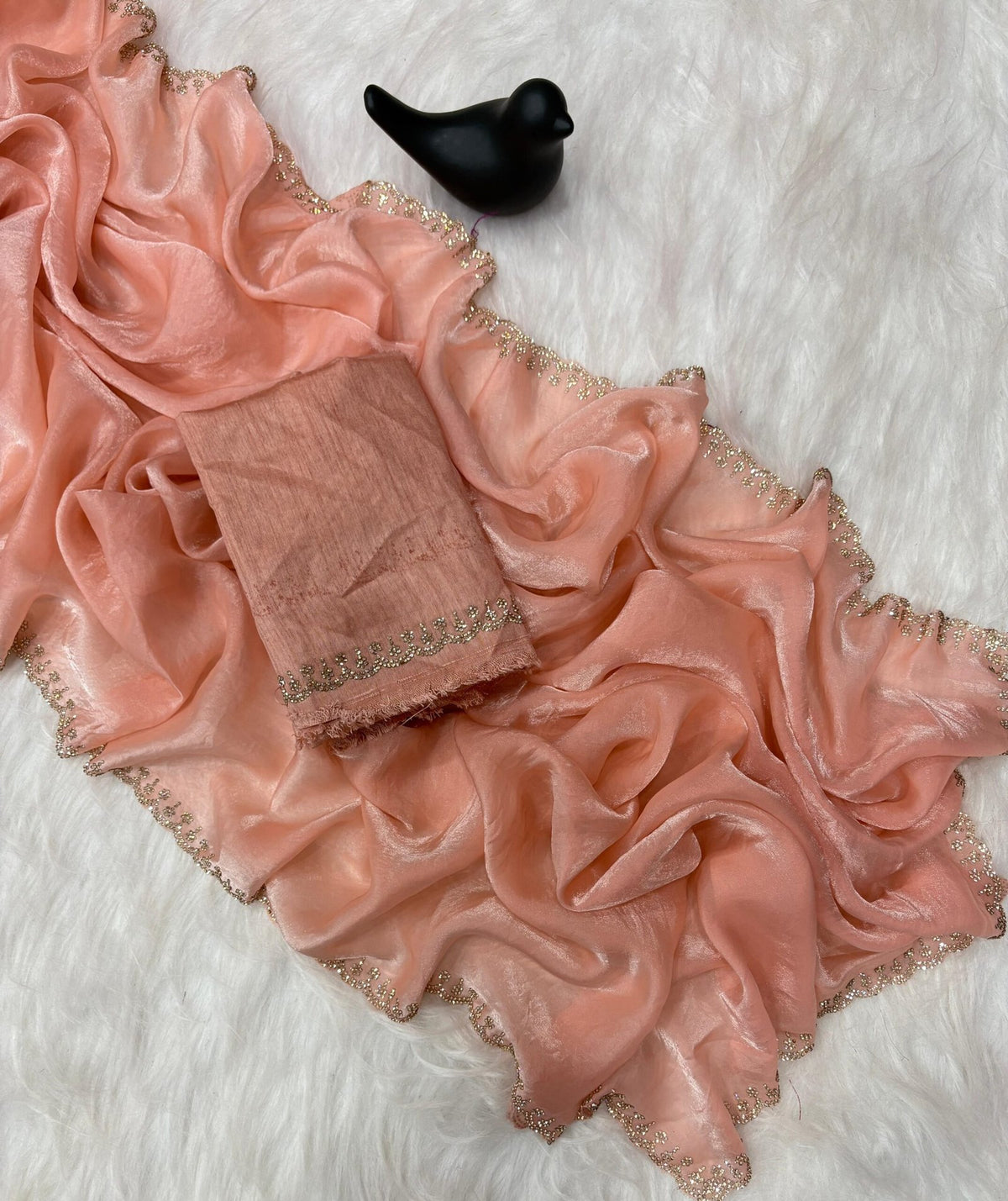 Stunning Pink Satin Space Silk Saree with Original Jarkhan Diamond Work – Perfect for Sangeet & Cocktail Nights image 13