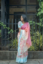 Elegant Linen Saree with Gold Jari Patta & All-Over Digital Print | With Matching Blouse image 3