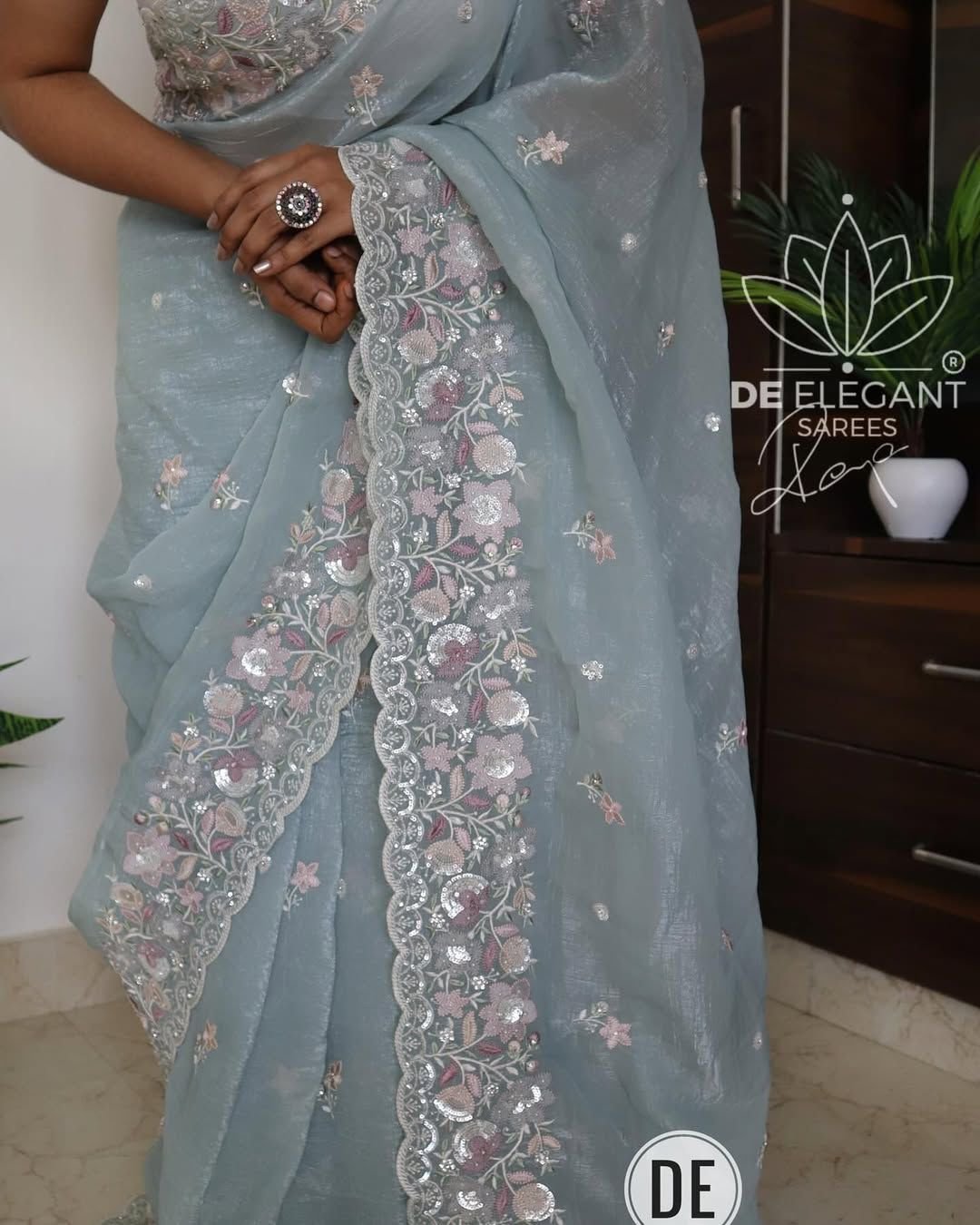 PALAN Soft Crunchy Silk Saree with All-Over Buti Embroidery & Elegant Cutwork Border | Fully Embroidered Blouse image 5