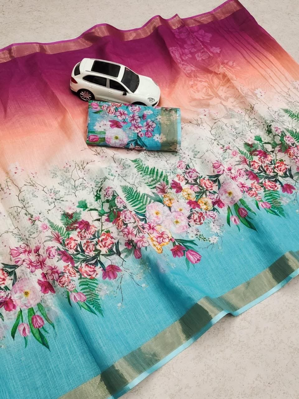 Elegant Linen Saree with Gold Jari Patta & All-Over Digital Print | With Matching Blouse image 6