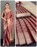 Copper Gold Tissue Silk Saree with Kanchi Border | Bollywood Style Look image 4