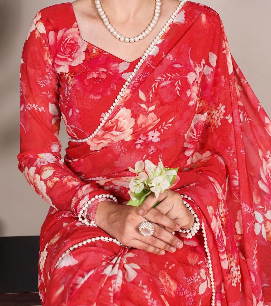 Floral Weightless Marbal Saree with Pearl Lace Border image 3