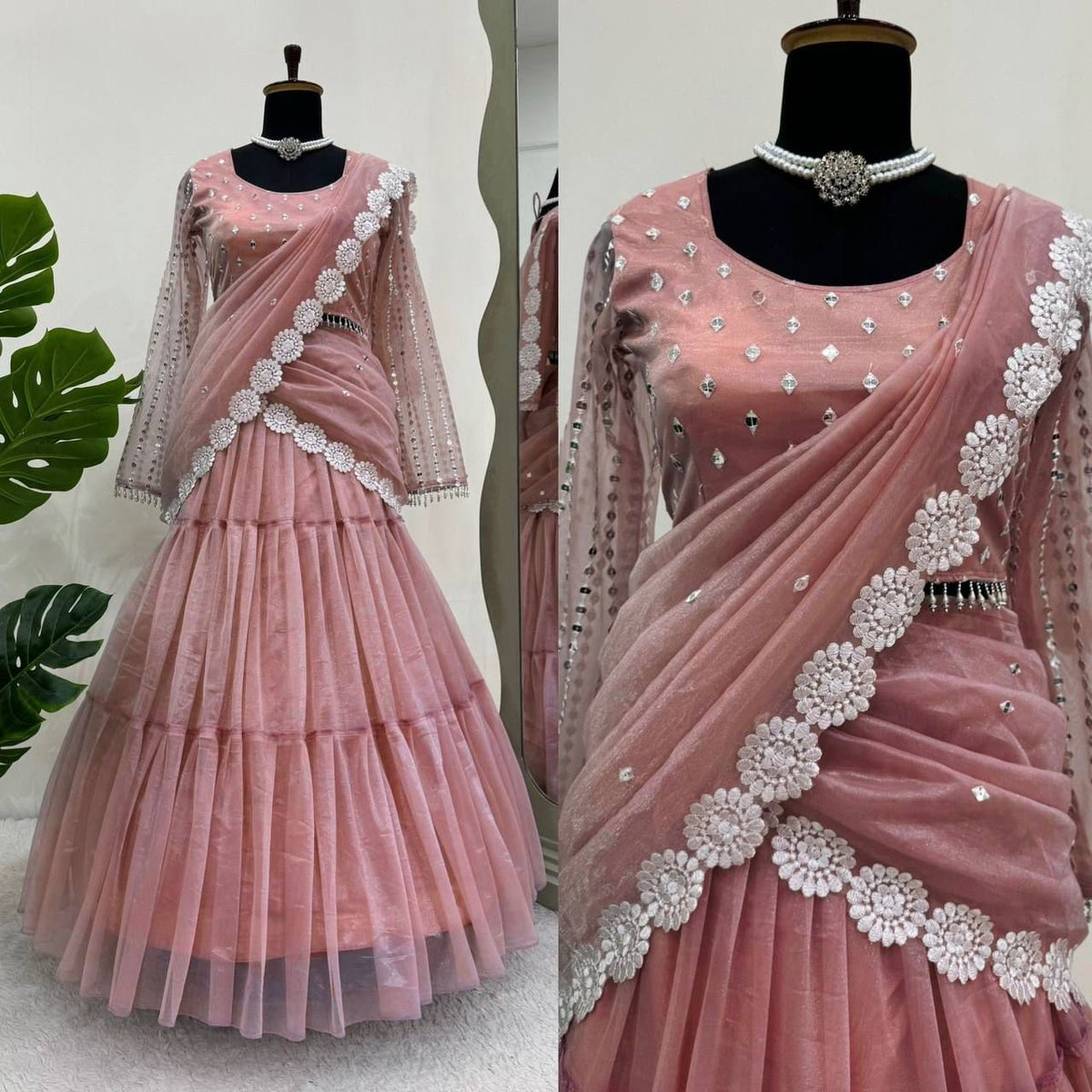 Ready-to-Wear Twill Organza Lehenga Saree with Ruffle Draping & Thread Work image 3