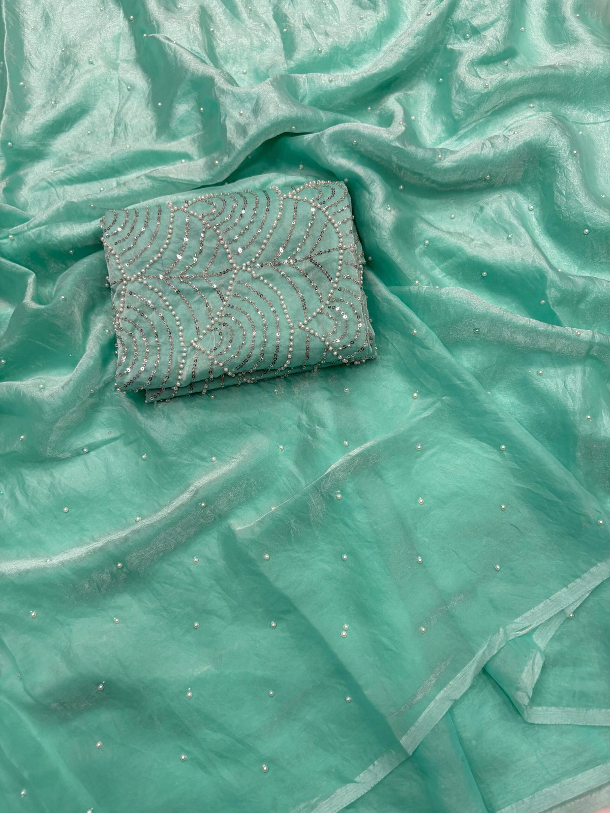 Elegant Space Silk Saree with Moti Work & Full Heavy Bits Work Blouse image 3