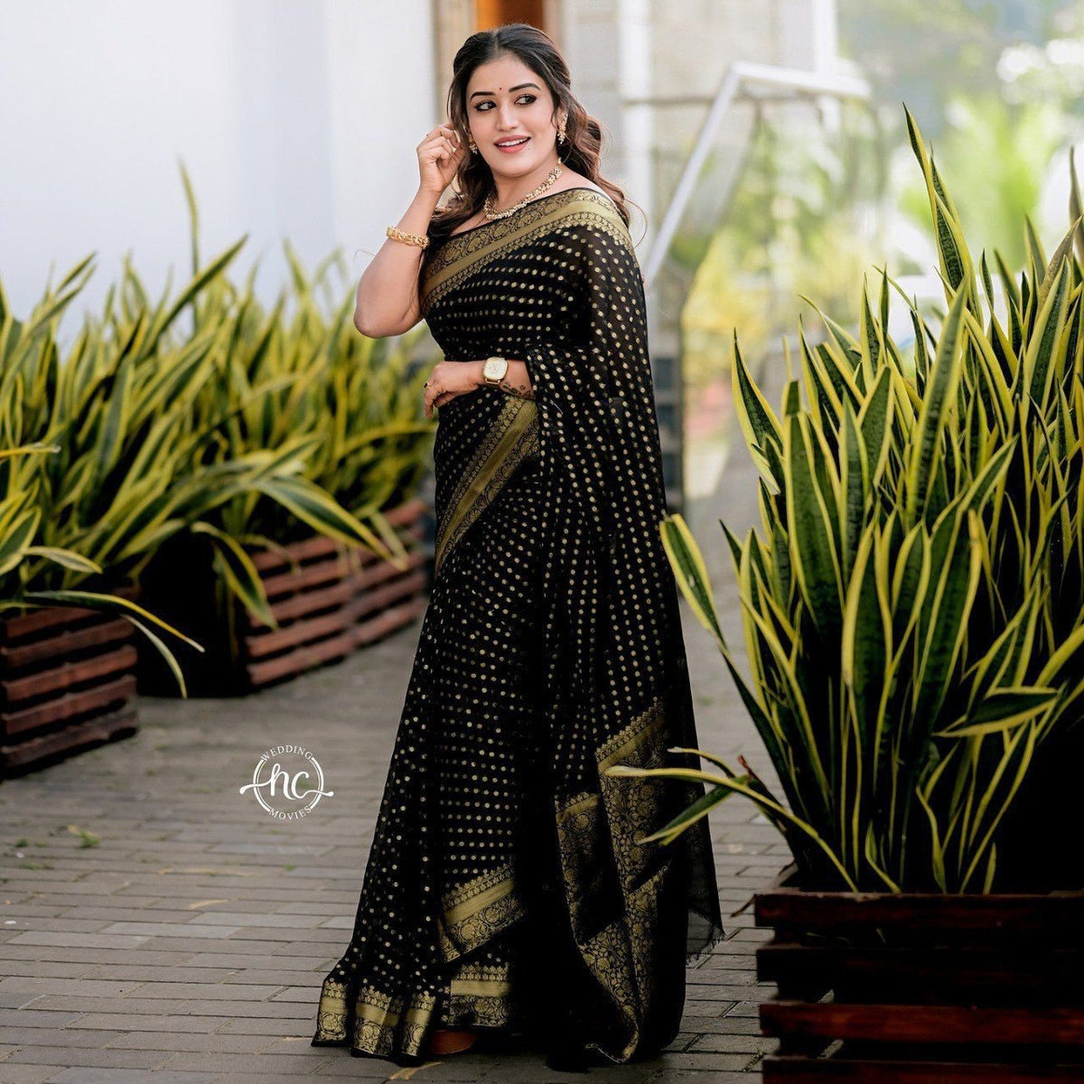 Purple Butti Soft Lichi Silk Saree with Jacquard Work & Contrast Blouse - Black image