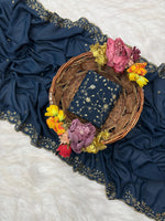 Premium Star Georgette Silk Saree with Sequin & Zari Embroidery - Navy Blue image