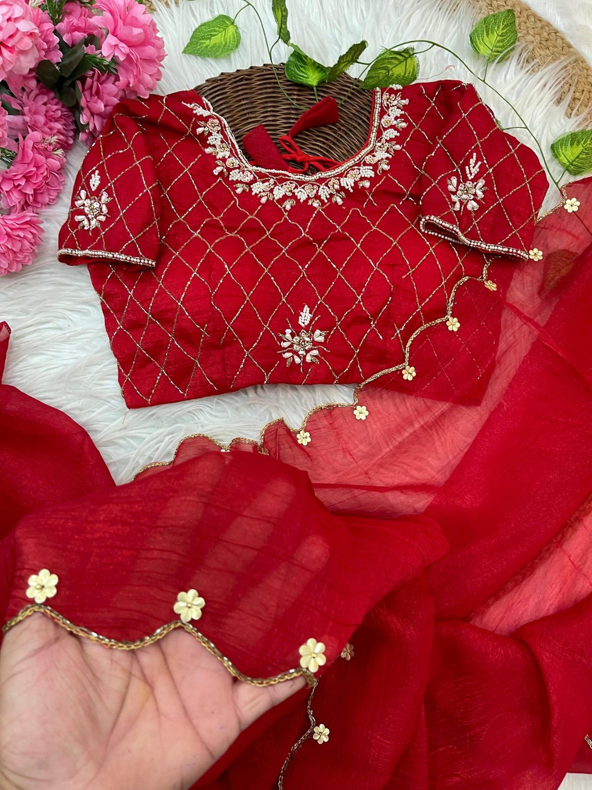 Pure Soft Crunchy Silk Saree with Hand Work Khatli Border & Aarco image 6