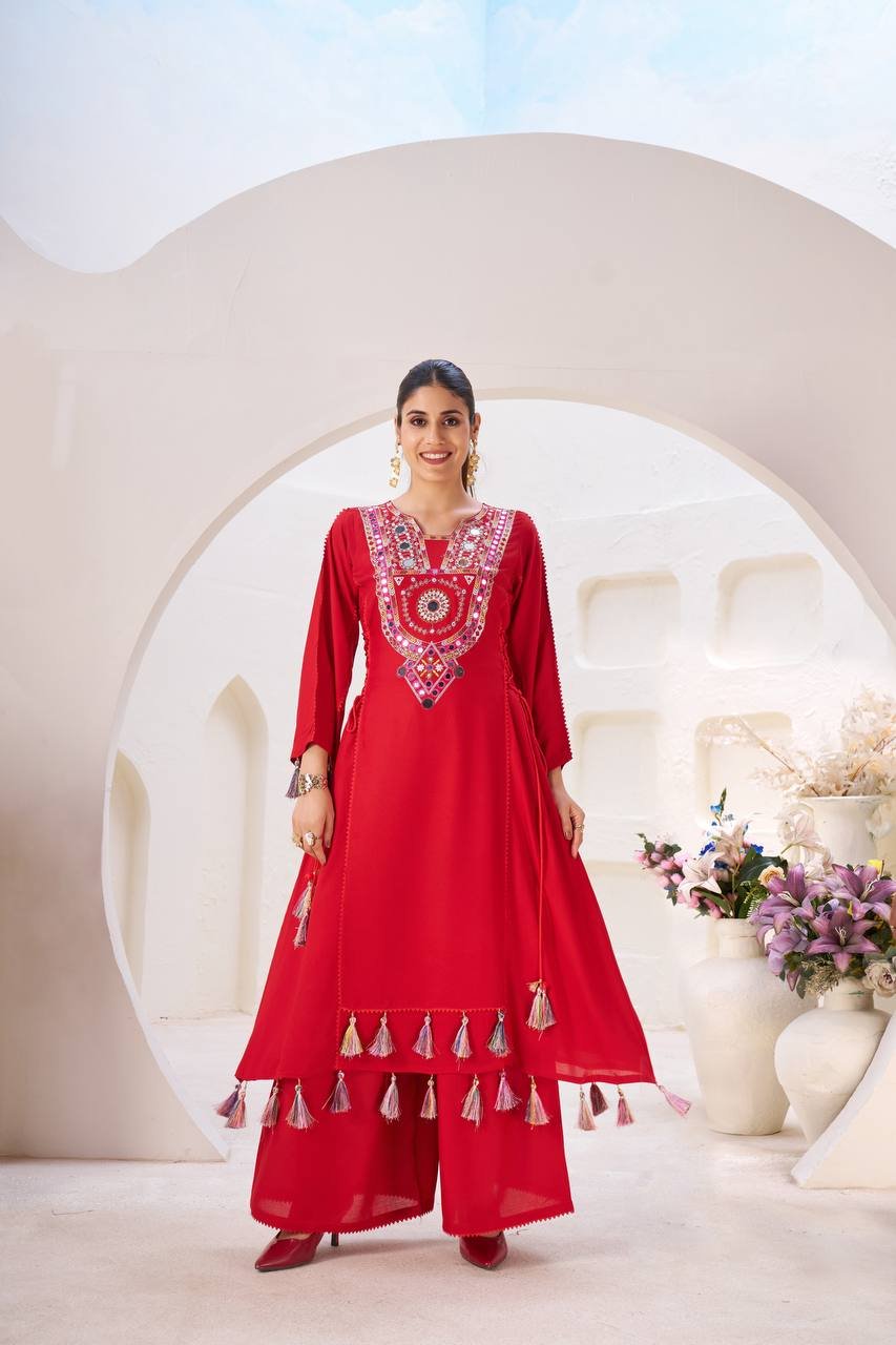 Elegant Reyon Kurti with Palazzo – Thread & Raal Mirror Work with Tassels - Red, L image