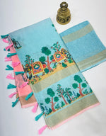 Elegant Gold Linen Saree with 3 Weaving Patta & Digital Print | Latkan Detail | With Blouse image 5