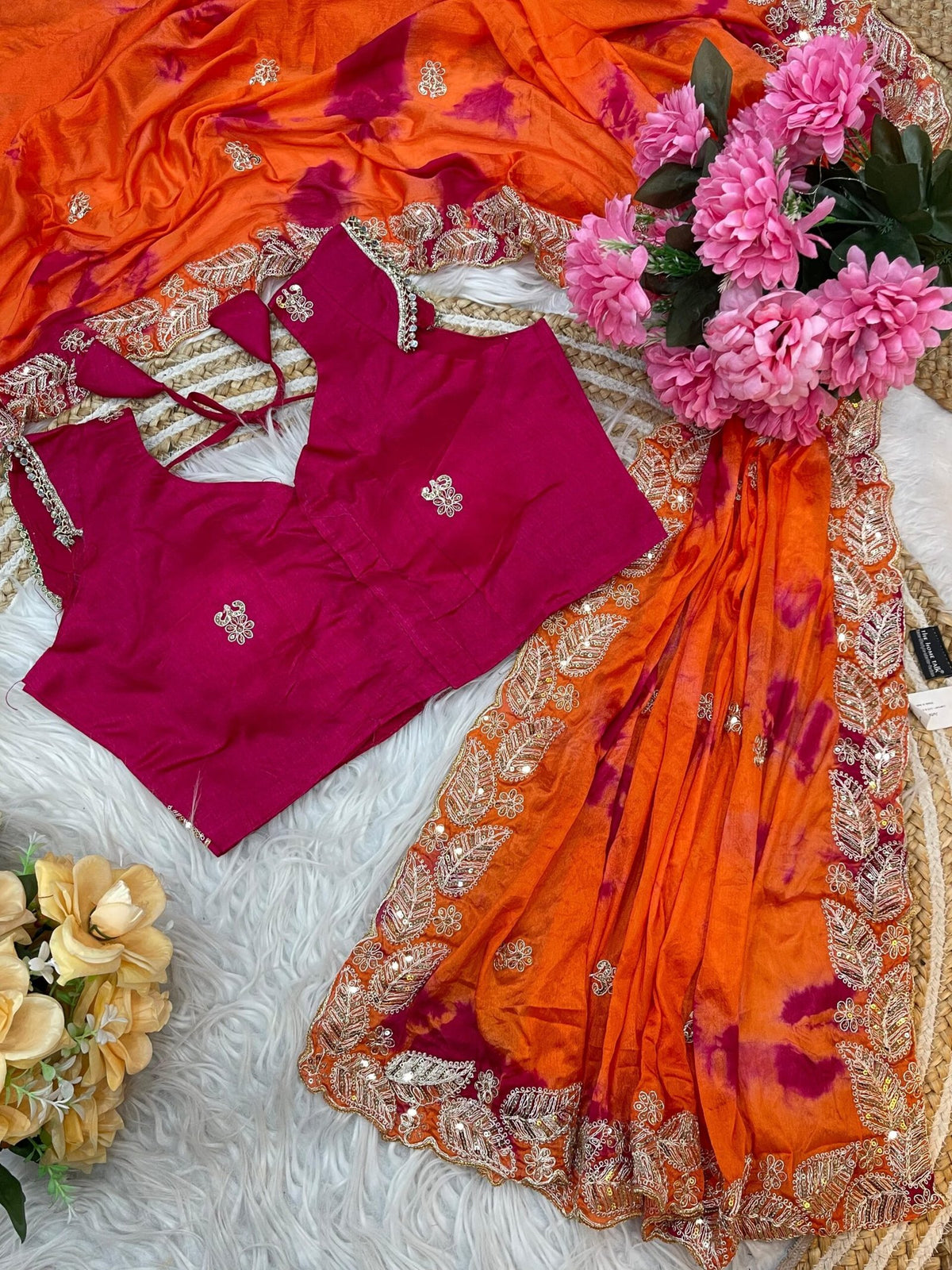 Elegant Pure Chinon Prism Dyble Saree with Embroidery & 3mm Sequins - Orange image
