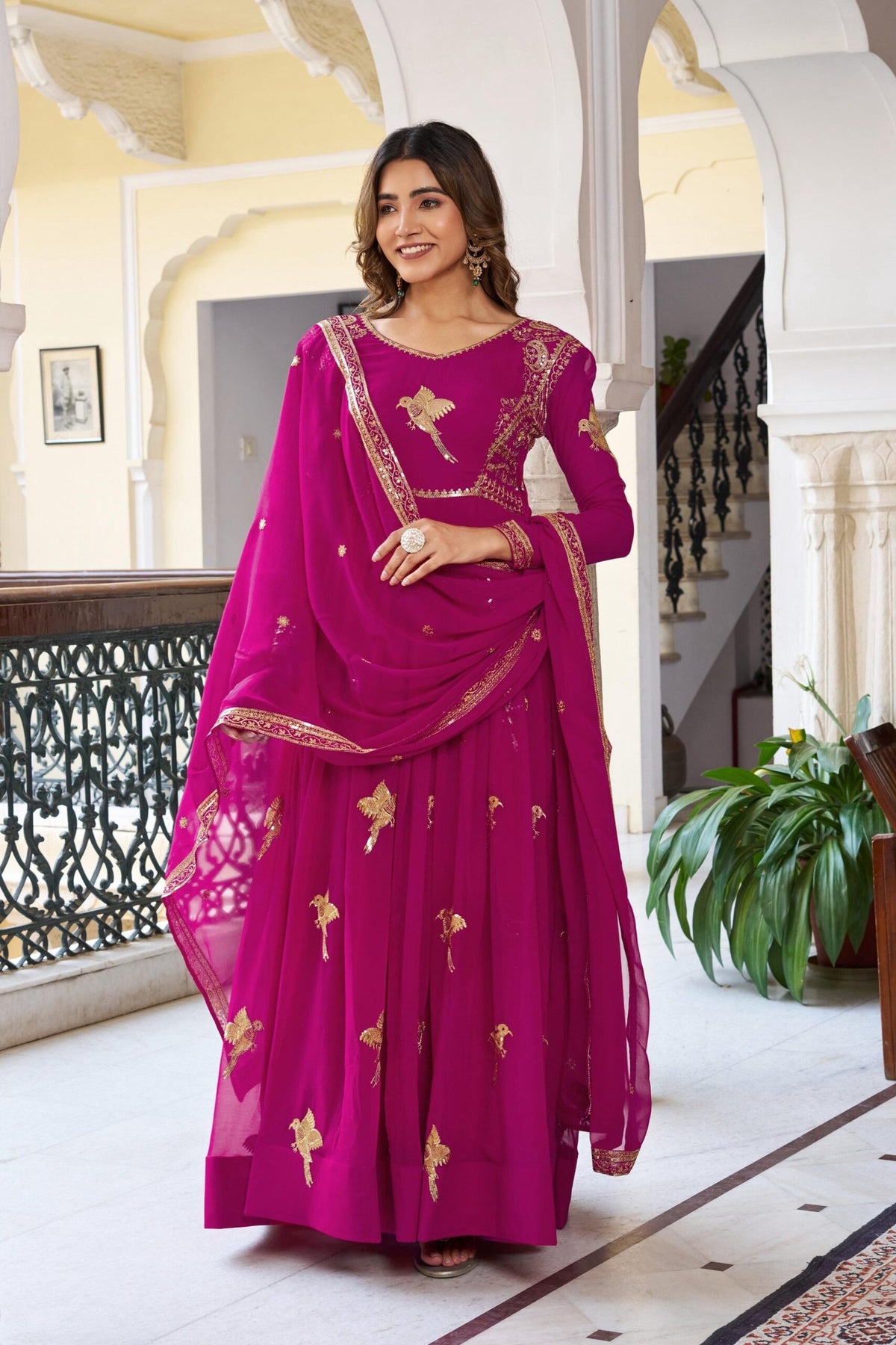 Elegant 3-Piece Faux Georgette Gown Set – Sequins Embellished Gown, Pent & Dupatta image 6