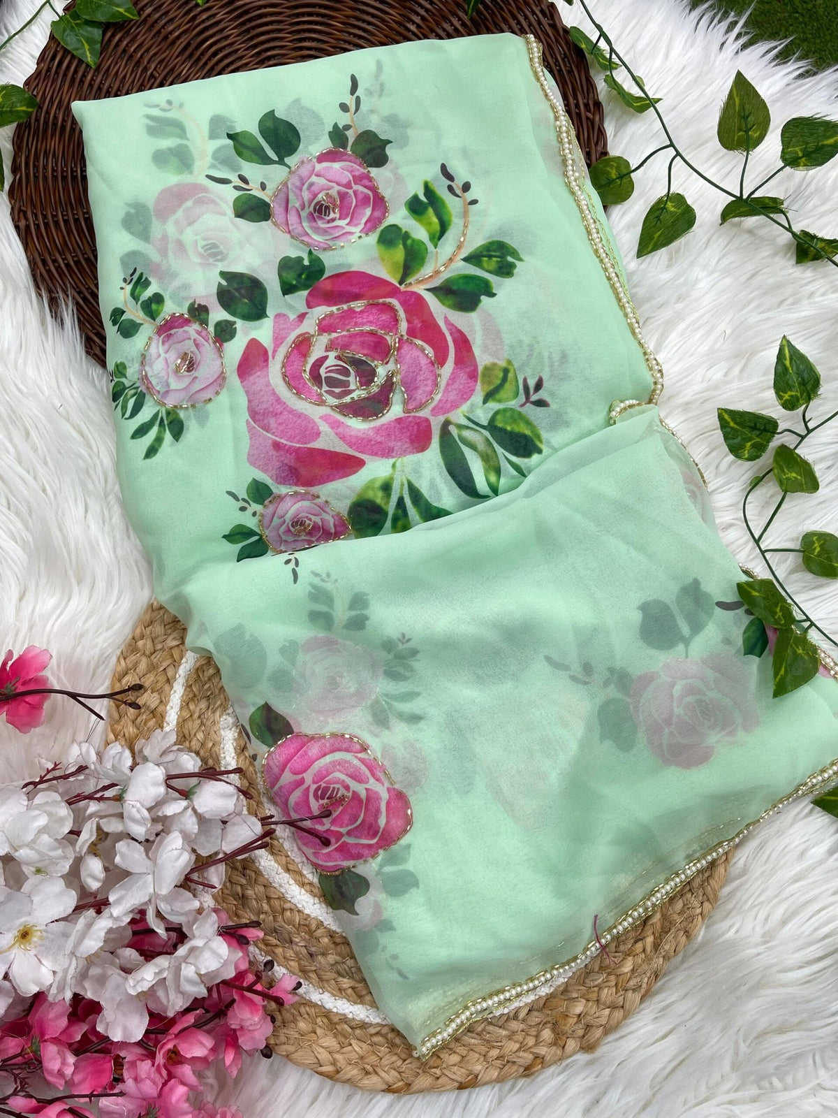 Soft Georgette Saree with Floral Prints & Double Cutdana Moti Border image 4