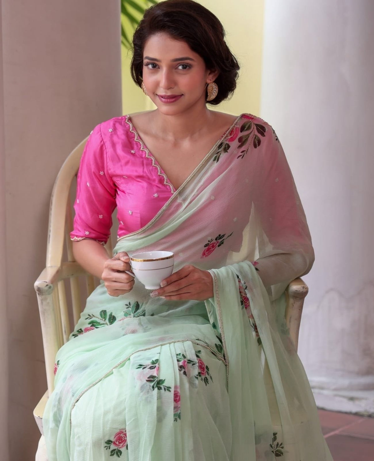 Soft Georgette Saree with Floral Prints & Double Cutdana Moti Border image 2