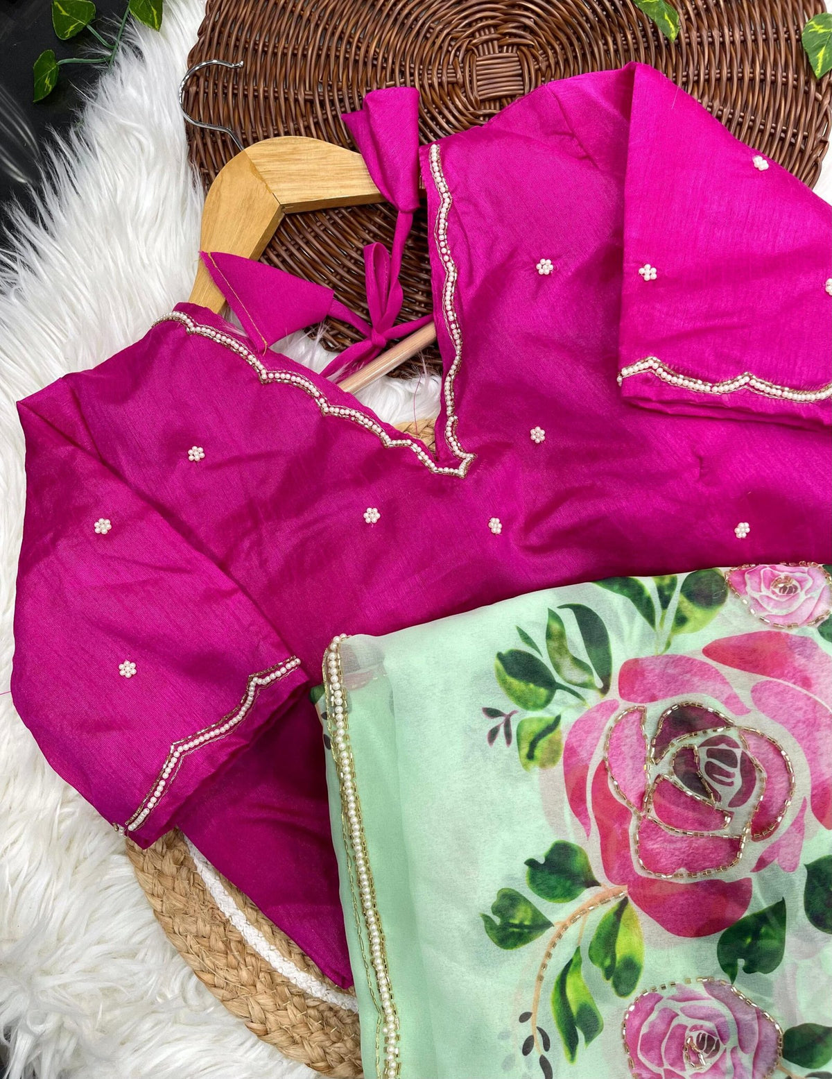 Soft Georgette Saree with Floral Prints & Double Cutdana Moti Border image 8
