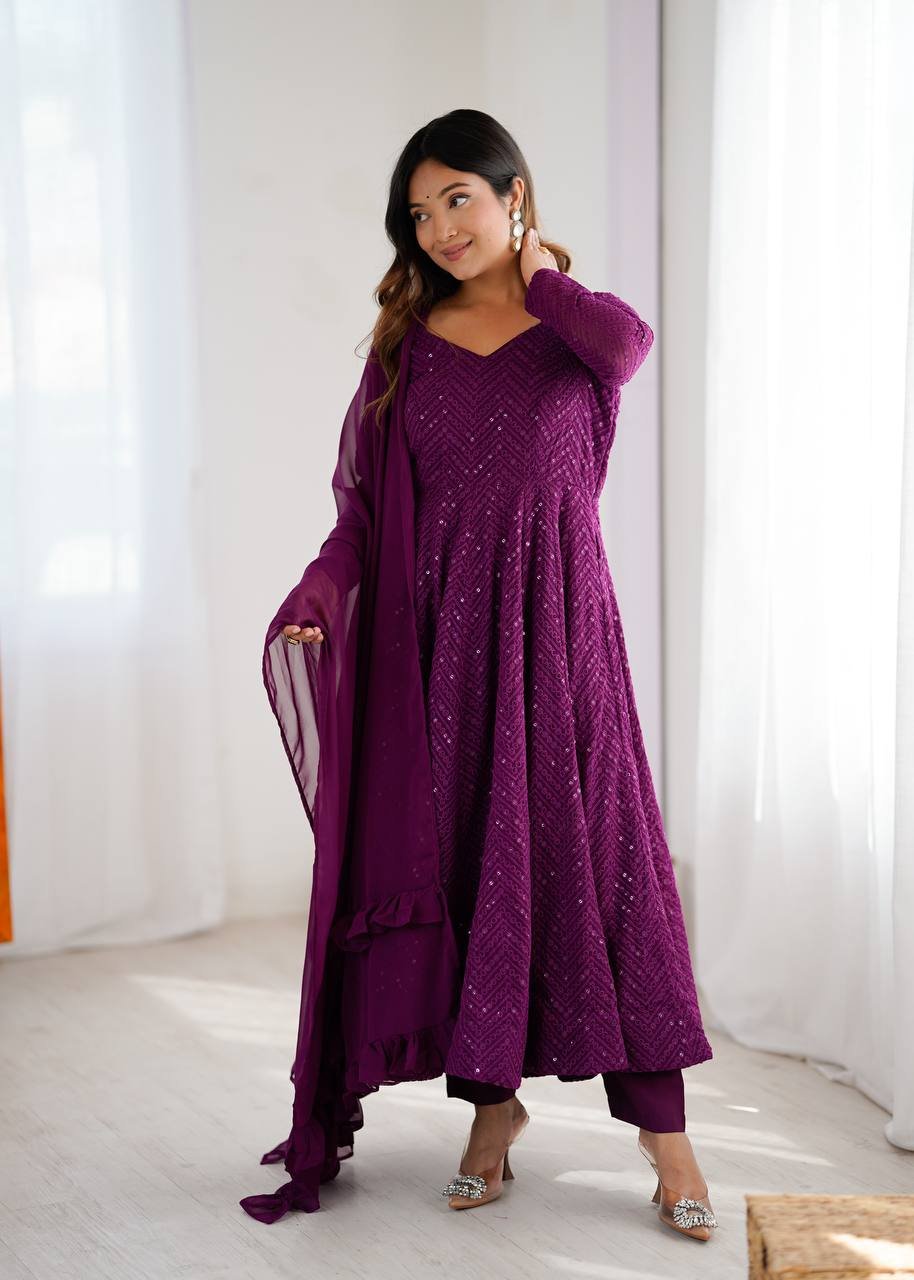 Premium Soft Fox Georgette Anarkali Set with Lucknowi Sequence Work – Dupatta & Pant Included - XXL, Wine image