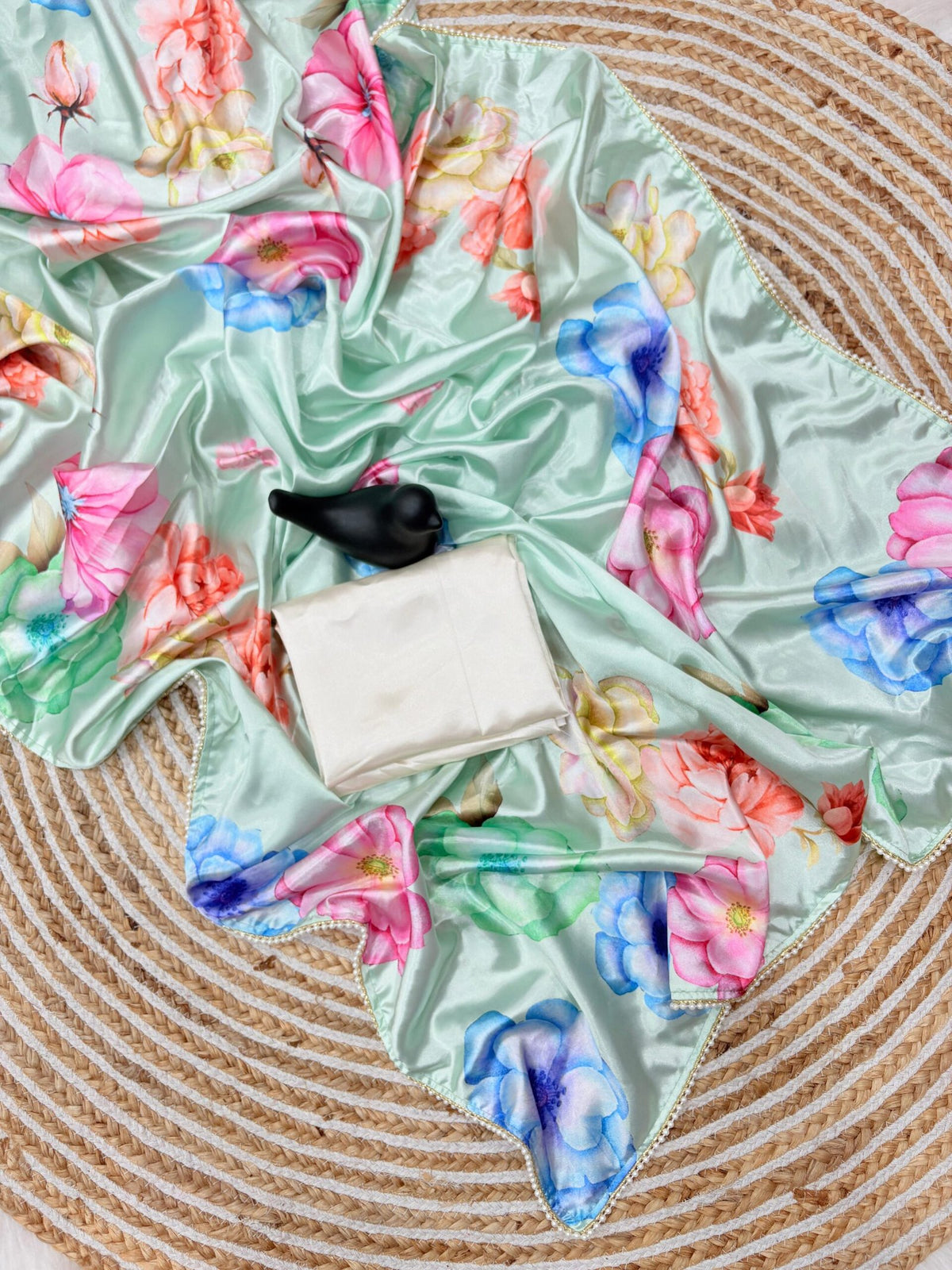 Japan Satin Silk Digital Print Saree with Moti Lace image 2