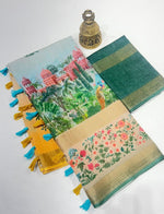 Elegant Gold Linen Saree with 3 Weaving Patta & Digital Print | Latkan Detail | With Blouse image 3