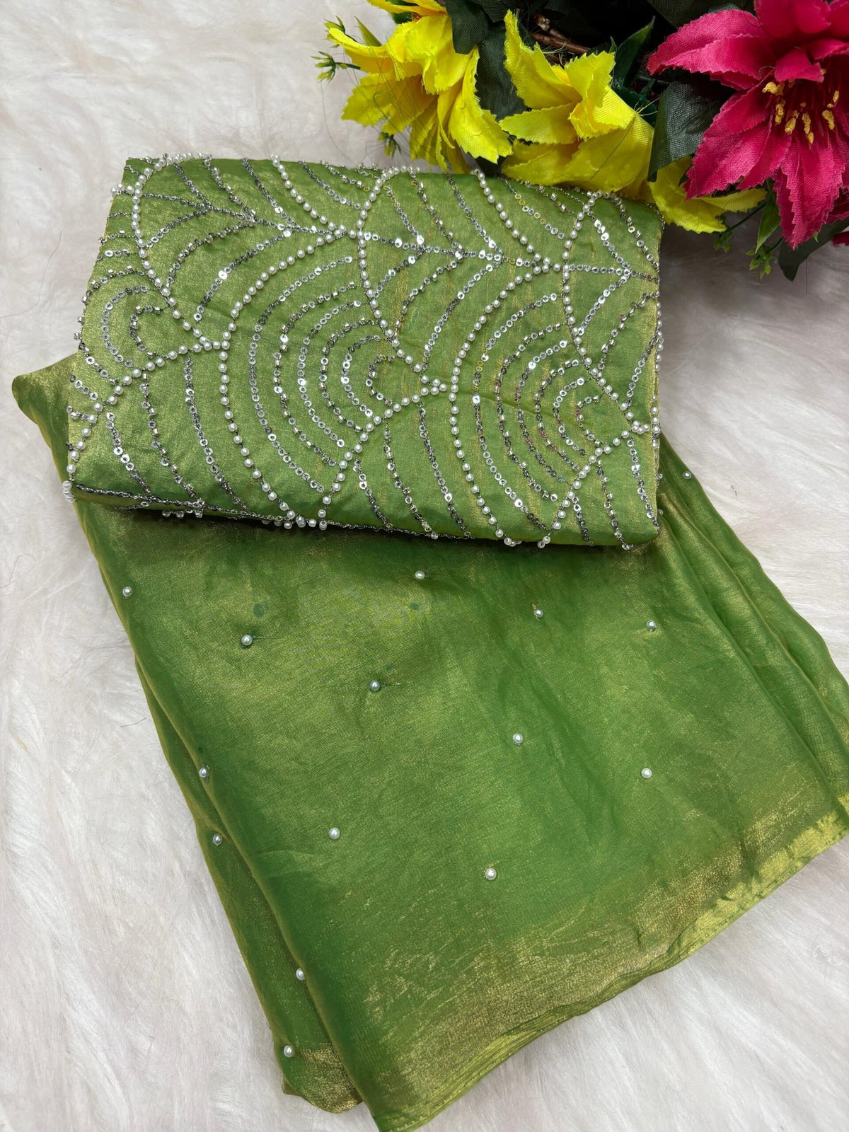 Elegant Space Silk Saree with Moti Work & Full Heavy Bits Work Blouse - Olive Green image